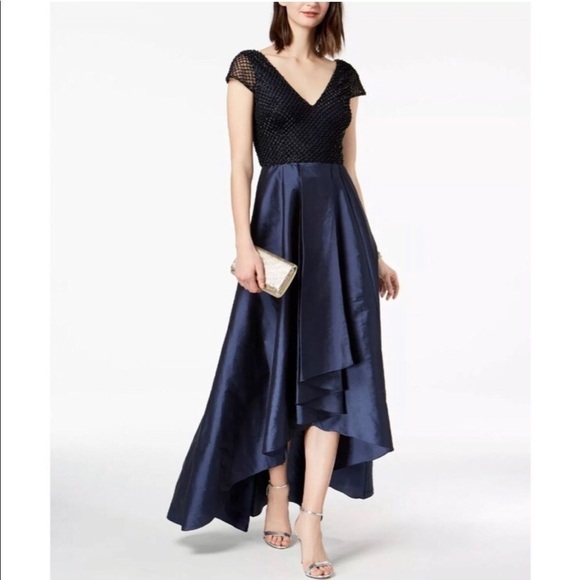 NWT Adrianna Papell short sleeve high low ball gown beaded bodice - Picture 1 of 12